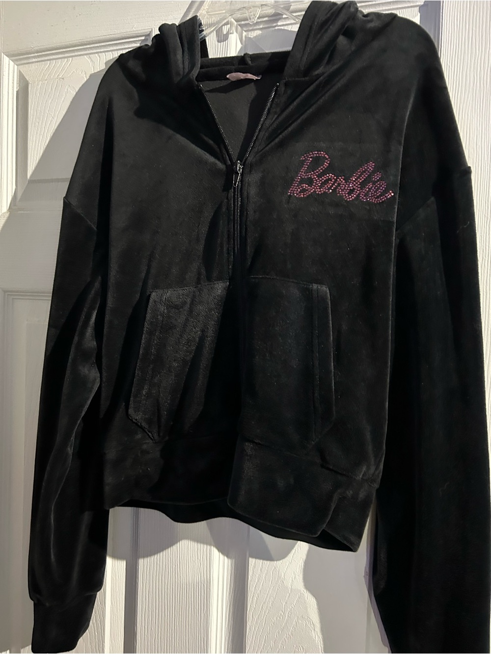 Barbie Black Velour Zip Jacket with Pink Rhinestone Logo